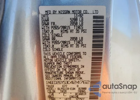 2003 Nissan Frontier King Cab Xe z USA, uszkodzony, nr VIN 1N6ED26Y53C424762